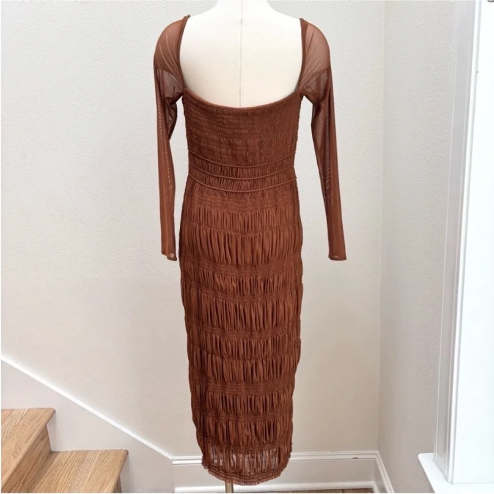 Self Portrait Midi Dress Shirred Mesh Long Sleeve Ruched Chocolate Brown Size 6 - Picture 8 of 13